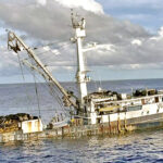 The FSM-flagged FV Marielle purse seiner issued a distress signal Saturday April 13 as it began taking on water. By Sunday morning, when the Marshall Islands-flagged Jin Hui 18 arrived at the distressed vessel in Tuvalu waters, the Marielle was slowly but surely sinking. It was abandoned as the crew was picked up by the Jin Hui 18. Photo: Jin Hui 18.
