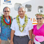Captain Albon Jelke after his last flight with AMI Monday April 1, with President Hilda Heine and First Gentleman Tommy Kijiner who were passengers on his flight back from Aur Atoll. Photo: Hilary Hosia.
