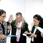 At the ambassadorial swearing in ceremony, from left: Clerk of Courts Ingrid Kabua, Ambassador John Silk and his wife Mary, and Chief Justice Carl Ingram. Photo: Hilary Hosia.