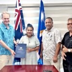 At the grant signing ceremony, from left: Australian Embassy DCM Caroline Reid, Ambassador Paul Wilson, WUTMI Director Danyia Note, Minister Wisely Zackhras, Acting Secretary CIA Antari Elbon, and Australian Embassy’s Save Filolita.