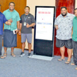 Pictured with the real-time countdown device Tuesday at the International Conference Center, from left: Tony Wase, Minister Tony Muller, Setoki Qalubau, Mack Capelle, Damien Jacklick, Waylon Muller and Allen Mwekto. Photo: Hilary Hosia.