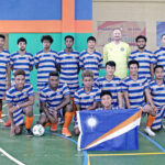 The Marshall Islands futsal squad, with Soccer Federation President Shem Livai at left: Jonathan Koehler, Patrick Phelon, Oscar Belamana, Ming-Chi Tsai, Kairos Zinihite, Folliet Schutz, Reggie Waiti, David Waiti, Sam Tepau, Junior Villi, Gabino Peter, Charles Facer, Cullen Turanga, Tutuena Timon, Baaro Tekawara, Matt Webb, and coaches Tony Theomae and Lloyd Owers. Photo: Hilary Hosia.