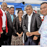 At Rev. Harry Sam’s funeral at Uliga Protestant Church Monday, from left: Alvin Jacklick, Mike Sam, Rev. Jeledrik Binejal, Cathy Matauto, Rev. Lawson Matauto and Telmong Jacklick Kabua. Photo: Hilary Hosia.