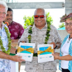 At the WAM recognition ceremony Tuesday this week, from left: German Ambassador to the RMI Dr. Andreas Pfaffernoscke, WAM Director Alson Kelen, and President Hilda Heine. At back is WAM Associate Director Tony Alik. Photo: Eve Burns.