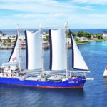 A drone view of the new SV Juren Ae as it arrived in Majuro lagoon July 24,with Uliga Dock in the background. Photo: GIZ LCST/Chewy Lin.