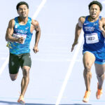 RMI sprinter William Reed, right, set a new personal best time in his 100m race at the Olympic Games in Paris. He is shown with a runner from Tuvalu. Photo: Oceania National Olympic Committees (ONOC).