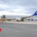 A Nauru Airlines Boeing-737 on the tarmac at Amata Kabua International Airport September 14 on its island hopper route from Palau to Brisbane, with stops in Pohnpei, Majuro, Tarawa and Nauru enroute. Photo: Giff Johnson.