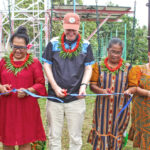 At the ribbon cutting ceremony for one of the playground sets on Arno Atoll, from left: PSS Commissioner Natalie Nimmer with Chief Secretary Kino Kabua, Australian Ambassador Paul Wilson, Irooj representative Bolur Lakien and Reslynn Latak Danny, wife of Arno Mayor Baji Danny. Photo: Eve Burns.