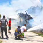 The fire that struck a vestige of the long-unused former Uliga Elementary School next to the Mobil oil bulk fuel facility. Photo: Hilary Hosia.