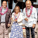 At the Women of Impact Award ceremony last Friday at the East-West Center are, from left: Jamie Green with husband Governor Josh Green, President Hilda Heine with her award, former Hawaii Governor and Chair of the EWC board John Waiheʻe, and East-West Center President Suzanne Vares-Lum. Photo: Derek Ferrar.