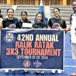 Team Jaluit champion in the 3x3 basketball tournament, with Marshall Islands Basketball Federation President Amata Kabua, II, right, and MIBF Vice President Neri Wase, left.