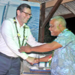 Minister Bremity Lakjohn and Charge d’Affaires of the German Embassy Mathias Kruse during the handover ceremony for the Juren Ae cargo/passenger vessel Tuesday this week. Photo: Hilary Hosia.
