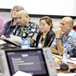 ‘Enra’ Taskforce members answer questions from Nitijela members during a Committee of the Whole session last week. Pictured from left are Sally-Ann deBrum, Chris Yanckello, Bryan Edejer, Ayako Yamaguchi-Eliou, Enra Taskforce Chair Sherwood Tibon and Brenda Alik. Photo: Hilary Hosia.