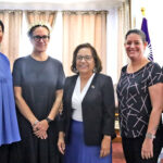 The University of Hawaii and the College of the Marshall Islands are expanding opportunities for Marshallese students to achieve degrees in social work. The visiting UH team met with President Hilda Heine to update her on developments. UH Thompson School of Social Work and Public Health representatives Susan Kreif, second from left, and Emma Reimers-Kurashige, second from right, met with President Hilda Heine last week. Joining them were President’s Chief of Staff Emma Kabua-Tibon, left, and MI-EPI’s Molly Murphy. Photo: Samelda Leon.