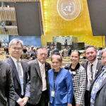 At the United Nations General Assembly hall following last week’s vote electing the RMI to a second two-year term on the Human Rights Council. From left: Embassy intern Peter Huang, RMI New York Mission First Secretary Tony Shu, Ambassador John Silk, Mary Silk, Ministry of Foreign Affairs and Trade’s Assistant Secretary of Multilateral Affairs Teri Elbon, Alliance of Small Islands States Fellow based at the RMI Mission in New York Broderick Menke, and RMI UN Mission legal advisor Caleb Christopher.
