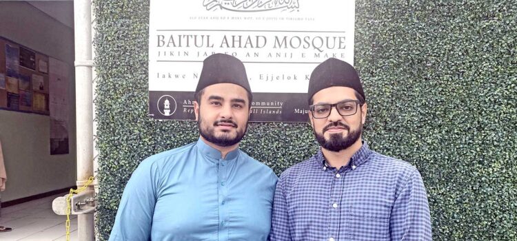Incoming Imam Qasim Choudhary (left) and Imam Sajid Iqbal outside the Uliga mosque. Photo: Hilary Hosia. Change of command in Majuro