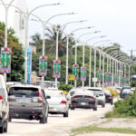 The Merry Christmas look along Amata Kabua Boulevard after the holiday signs were erected by Ministry of Works employees. Photo: Hilary Hosia.