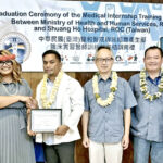 At ceremony for RMI’s newest doctor, Delson Benjamin, from left: Dr. Ivy Lapidez, Secretary Francyine Wase-Jacklick, Dr. Benjamin, Taiwan Ambassador Steve Hsia, Dr. Robert Maddison, and Dr. Zachraias Zachraias.
