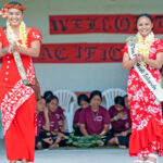 Miss Pacific Islands Moemoana Schwenke, left, and Miss Marshall Islands Claret Chong Gum performed during a visit to Wotje Atoll last weekend. Photo: Chewy Lin.