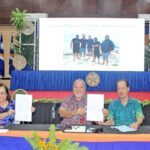 At the signing ceremony establishing the RMI’s first marine sanctuary, from left: Iroojlaplap Bokloñ Zackious, President Hilda Heine, Minister Tony Muller, Nitijela Member Hiroshi Yamamura, and Hiroshi’s wife, Melissa Saimon. Photo: Hilary Hosia.