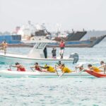 In the 500 meter mixed race, pictured, Team Delap edged out Team Rita for first place. In other races, Rita beat Delap in the men’s 500 meters race, while Delap edged out Rairok for the top spot in the 500 meter women’s race. Photo: Chewy Lin.