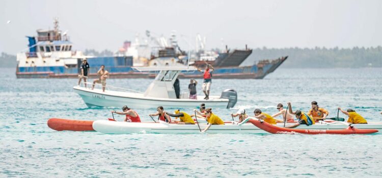 In the 500 meter mixed race, pictured, Team Delap edged out Team Rita for first place. In other races, Rita beat Delap in the men’s 500 meters race, while Delap edged out Rairok for the top spot in the 500 meter women’s race. Photo: Chewy Lin. Paddlers a hit in Majuro