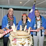 Performing the saki ritual at the Emperor’s party in Majuro, from left: Japan Ambassador Hirohisa Soma, Chief Justice Carl Ingram, President Hilda Heine, Minister David Paul, and Council of Irooj Chair Lanny Kabua. Photo: Hilary Hosia.