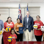 At the grant signing ceremony, from left: Kathryn Relang, Kallan Phillips, Yone Wase, Sueko Konkon Wase, Wean Wase, Ambassador Paul Wilson, Naka Bukida, Claret Chong Gum and Neri Wase.