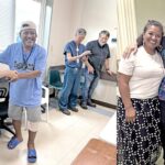 The day the Canvasback orthopedic mission wrapped up last Friday, Canvasback co-founder and team leader Jacque Spence danced with knee patient Jackson Jacklick, who was obviously delighted with his renewed mobility. At right, Canvasback medical mission managers included clinic volunteer Florence Injinmij, Canvasback’s Janet Burki, and clinic volunteer Cecilia CC Heine. Photo: Giff Johnson.