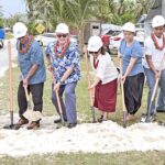 Performing the groundbreaking honors at CMI’s Arrak Campus are, from left: Nitijela Member Wilbur Heine, Education Minister Gerald Zackios, CMI President David Newnham, President Hilda Heine, CMI Board Chairperson Meitaka Kendall Lekka, CMI student President Wilmer Joel, and traditional leader Yoland Zedkeia. Photo: Jeremy Myazoe.