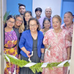 President Hilda Heine, center, joined Health officials and operators of the new dialysis center in cutting the ribbon to the facility, while student nurses elevated the spirit of Wednesday’s ceremony with their songs. Photo: Hilary Hosia.