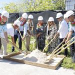VIPs with shovels at the groundbreaking for the facility that will house the Urban Resilience Project, which is funded by the World Bank. Photo: Wilmer Joel.