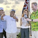 Left, Ministers Wisely Zackhras and Bremity Lakjohn join the ABC’s Nesryn Bouziane and Australian Ambassador Paul Wilson as they tuned into Radio Australia on June 13. Photo: Giff Johnson.