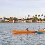 Male paddlers work out in Majuro lagoon earlier this week in preparation for the Micronesia Cup paddling competition in Palau in October. Photo: Karen Earnshaw.