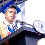 College of the Marshall Islands valedictorian Wilmer Joel speaking during the CMI graduation in late May. Photo: Chewy Lin.
