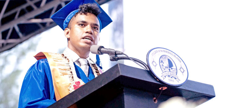 College of the Marshall Islands valedictorian Wilmer Joel speaking during the CMI graduation in late May. Photo: Chewy Lin. Brain drain is RMI’s big challenge