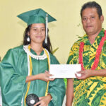Marshall Islands High School’s top student, valedictorian Mylissa John, spoke at Tuesday’s graduation ceremony and was honored by Associate Commissioner for Secondary Schools Junior Paul. Photo: Fui Sualau.