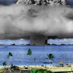 The Baker atomic test in July 1946 sank numerous Japanese and American navy ships at Bikini Atoll, while spewing radioactivity around the atoll.