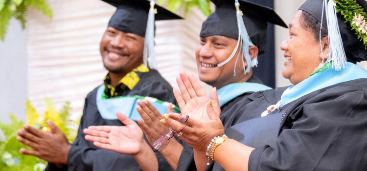The joy of graduation can be seen and felt in the faces of three of the 16 Marshallese who graduated last weekend with their master’s degrees from the University of Hawaii. From left: Harty Alik, Derick deBrum, and Monica Jabkomaed Gordon. Photo: Chewy Lin. 16 new UH grads