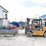 A forklift operator moves equipment in the MIFV plant area, with longline fishing boats tied up at the dock in the back. Photo: Giff Johnson.