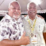 Marshall Islands NOC President Tony Muller, left, with Dr. Patrick Tellei, chairman of the 2025 Pacific Mini-Games Organizing Committee, at a Games Dinner this past Sunday in Koror.