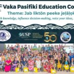 The large group of Marshallese and Pacific Island educators who convened at the College of the Marshall Islands in early July for the Vaka Pasifiki Education Conference. Photo: Chewy Lin.