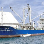 The MV Aelonlaplap, one of the workshop cargo and passenger vessels in the RMI Shipping Corporation’s fleet, pictured at Delap Dock after unloading copra at Tobolar. Photo: Giff Johnson