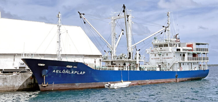 The MV Aelonlaplap, one of the workshop cargo and passenger vessels in the RMI Shipping Corporation’s fleet, pictured at Delap Dock after unloading copra at Tobolar. Photo: Giff Johnson Copra set to dip in 2025