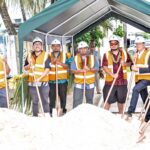 At the seawall/breakwater groundbreaking ceremony last week, from left: Deputy Chief Secretary Catalino Kijiner, Ministry of Public Works Acting Secretary Herbert Sibok, World Bank URP Task Team Leader Jian Vun, Building Safety Regulation Assistant Secretary Jimata Kabua, Jr, Iroj Yoland Zedkaia, PII contractor representative Jacob Kramer, World Bank Executive Director Rob Nicholl, Iroj Farrend Zackious, DIDA Grant Manager/Proposal Writer Daphine Wase, and Public Service Commission Commissioner Almo Momotaro. Photo: Chewy Lin.