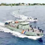 The Lomor 03 patrol boat is pictured in this drone photo last weekend as it headed out of Majuro lagoon on its last voyage to Australia for decommissioning after 34 years of service to the Marshall Islands.