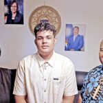 Enewetak youth Ahti Moses, center, in Geneva with RMI Ambassador to the UN Doreen deBrum, left, and the Deputy Chief of Mission Samuel Lanwi, Jr.