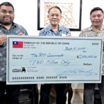 At the $2 climate funding handover ceremony, from left: RMI National Energy Office Deputy Director Tony Alik, Taiwan Embassy Chargé Hank Liu, and Foreign Minister Kalani Kaneko.