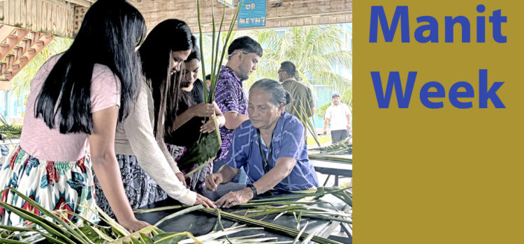 College of the Marshall Islands students joined in a weaving demonstration as part of Manit Week. Photo: Wilmer Joel. Students dive into culture program