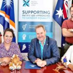At the grant funding signing, from left: Nitijela Member Daisy Alik-Momotaro, WUTMI staff Irene Lektak, WUTMI President Brenda Alik Heine, Ambassador Paul Wilson, Australian Embassy Second Secretary Kallan Philipps, and WUTMI Director Danyia Note.